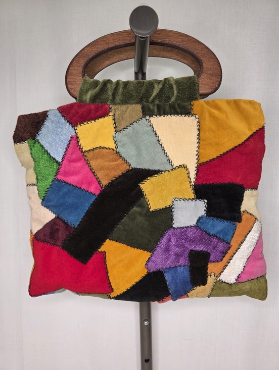 Handbags - Vtg Colorful Patchwork Velvet Handbag w/ Carved Wood Handle Boho Whimsigoth OOAK